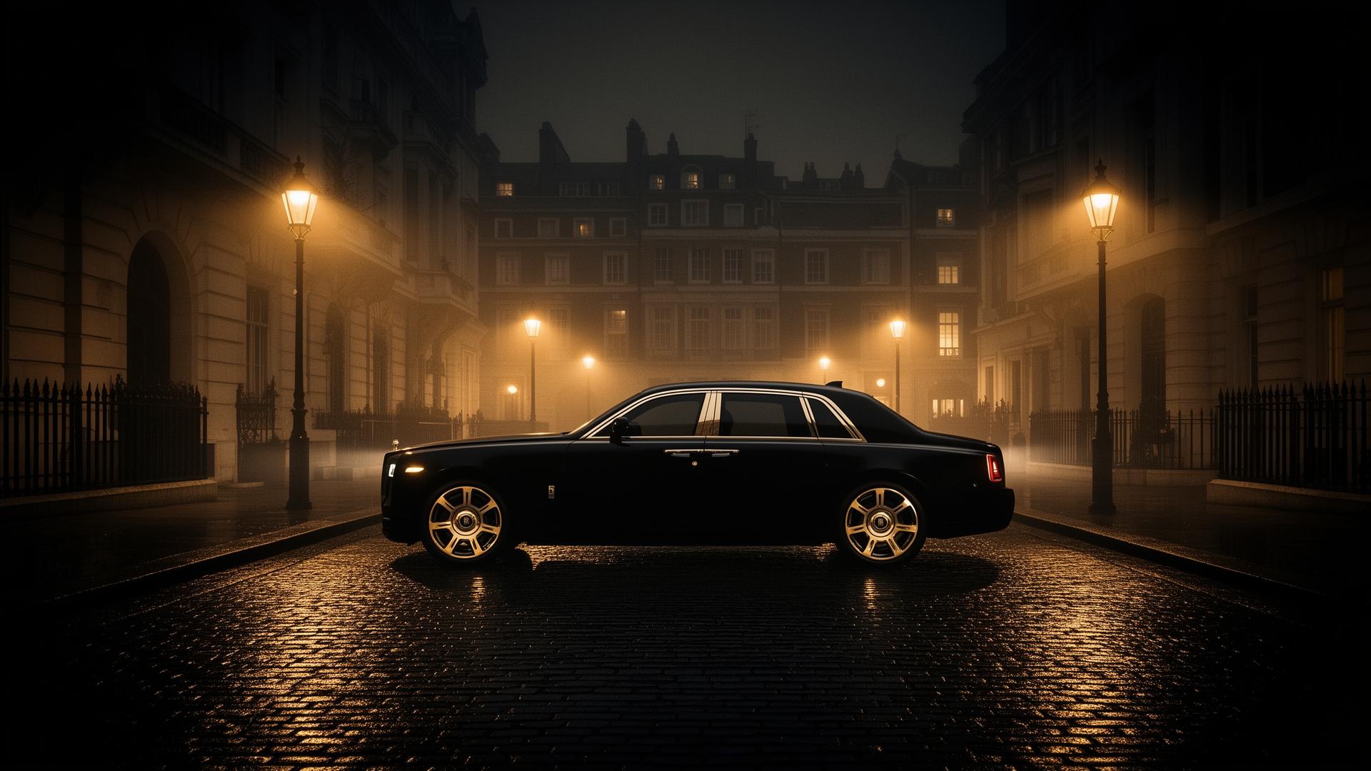 A black Rolls Royce on a misty Mayfair street at night